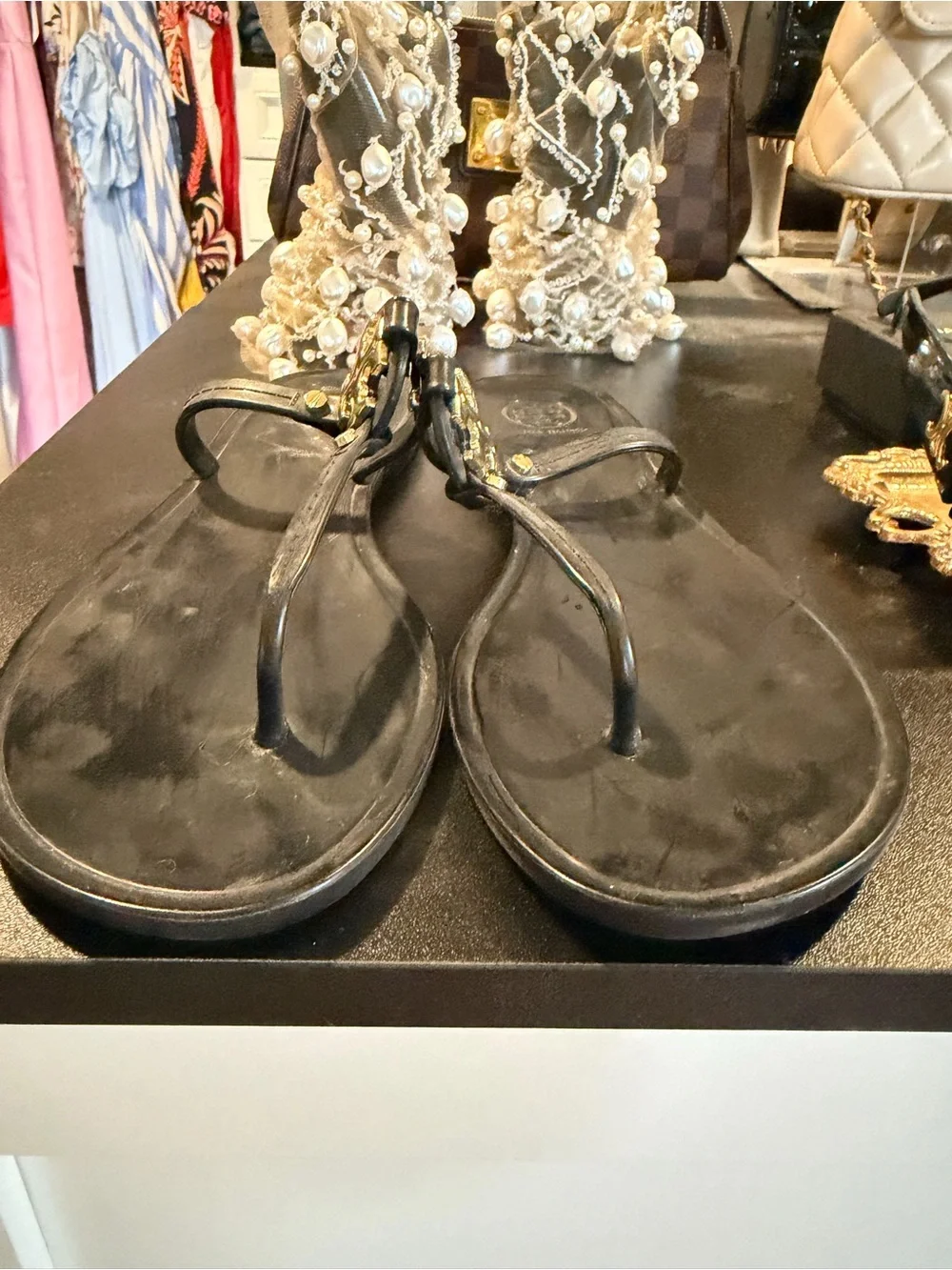 Tory Burch Black jelly Sandals with Gold Logo Accent